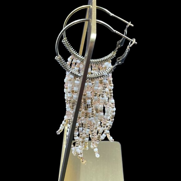 NYC Beaded Fringe Hoop Earrings Bronze Gold Tone Boho Festival Dangle Jewelry - Picture 3 of 5